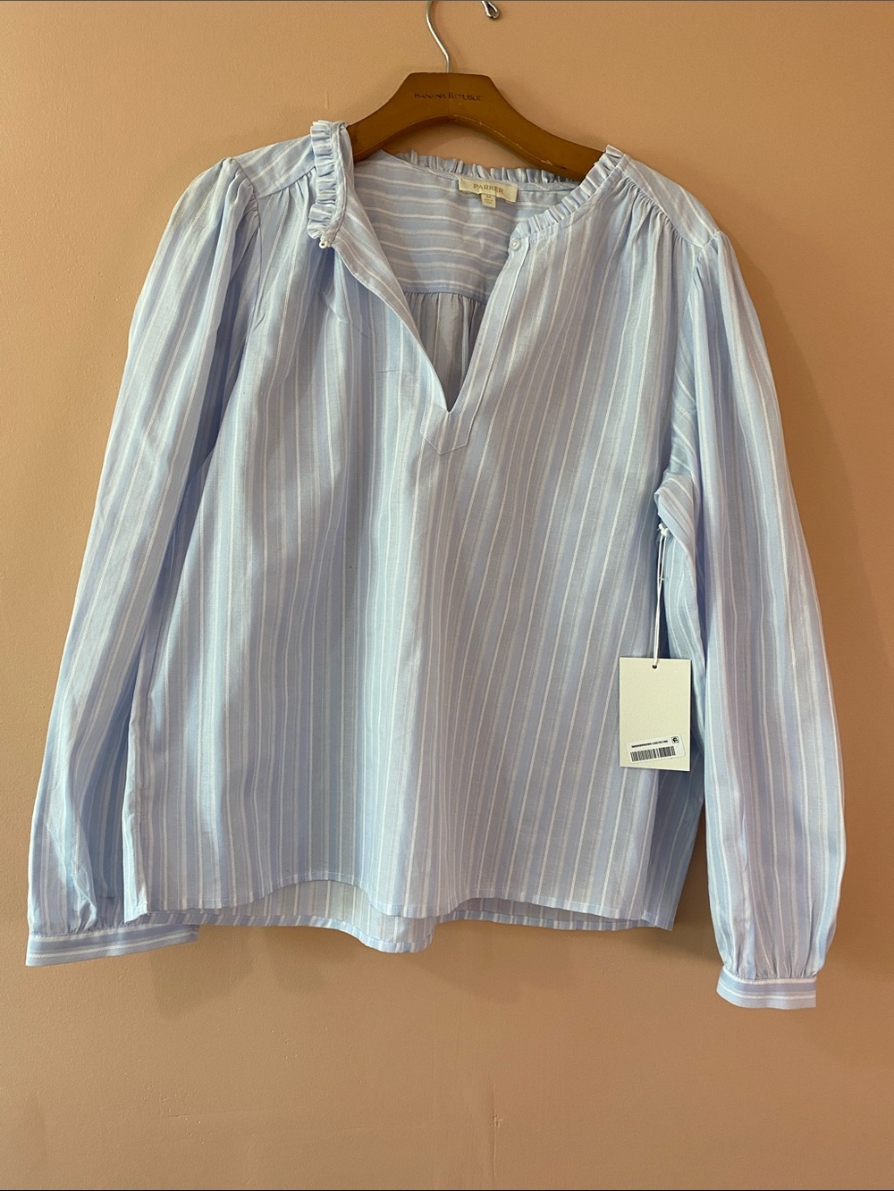 PARKER Light Blue Pinstripe V-Neck Long Sleeve Blouse 100/COTTON